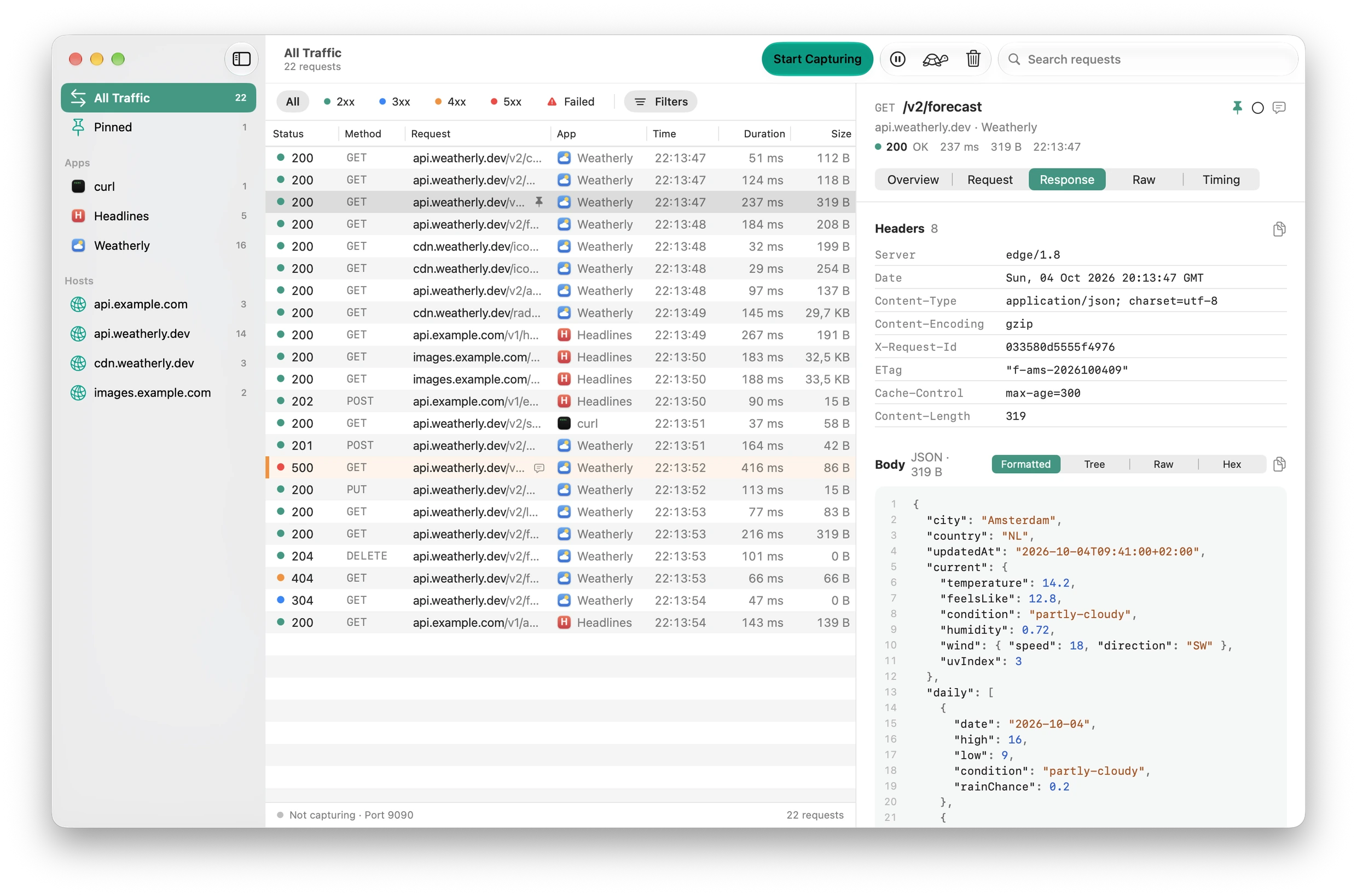 Reqly's main window, with requests from three apps and a JSON response
